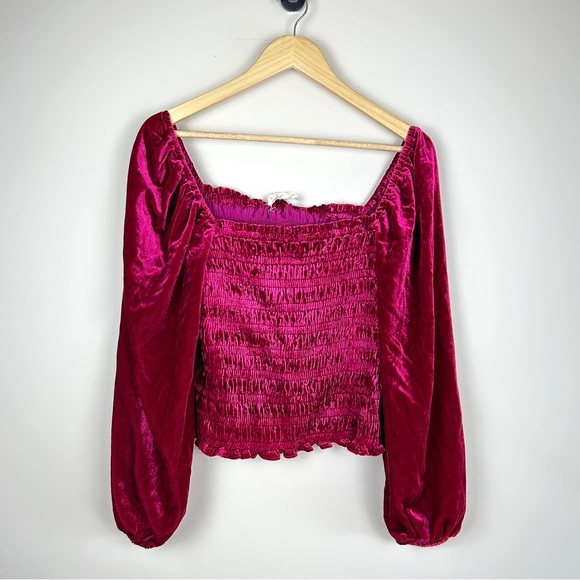 Anthropologie Smocked Puff Sleeve Square Neck Velvet Top - Picture 7 of 7